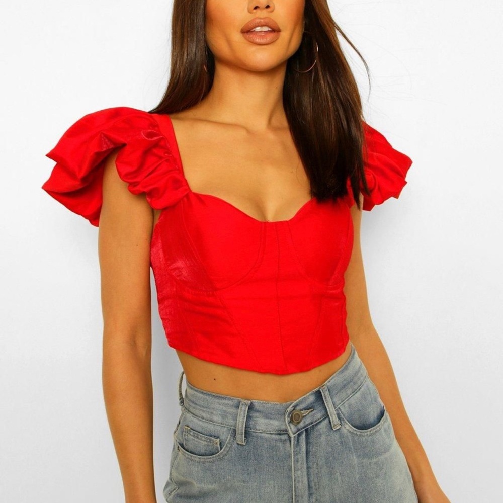 boohoo red woven ruffle cup detail top.